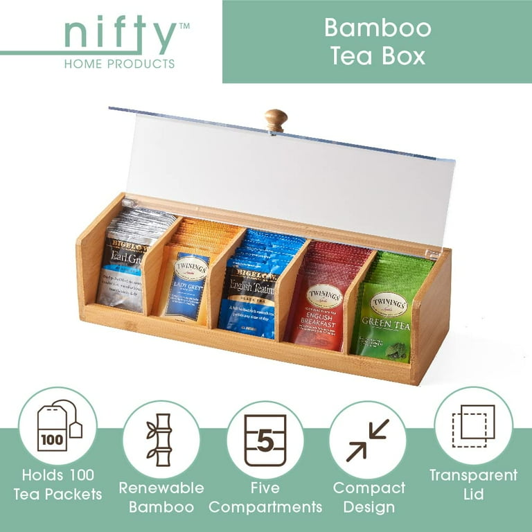 Bamboo Tea Bag Storage Caddy Box Organizer With Acrylic Lid - 5  Compartments