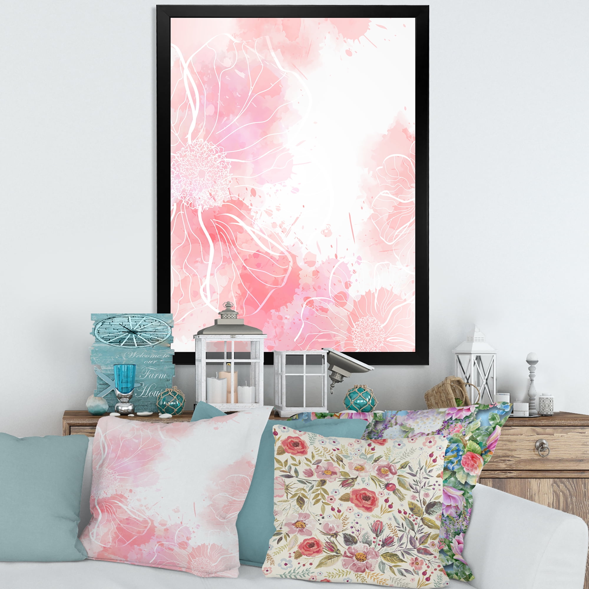 Designart 'Abstract Splashes of Pink Flowers I' Modern Framed Art Print