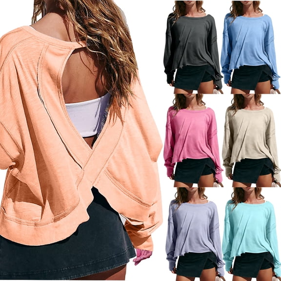 Dgankt Boho Tops for Women Women's Open Back Workout Crop Tops Long Sleeve Casual Shirts Athletic Gym Yoga Tee Back-Crossed Cutout Round-Neck Shirt