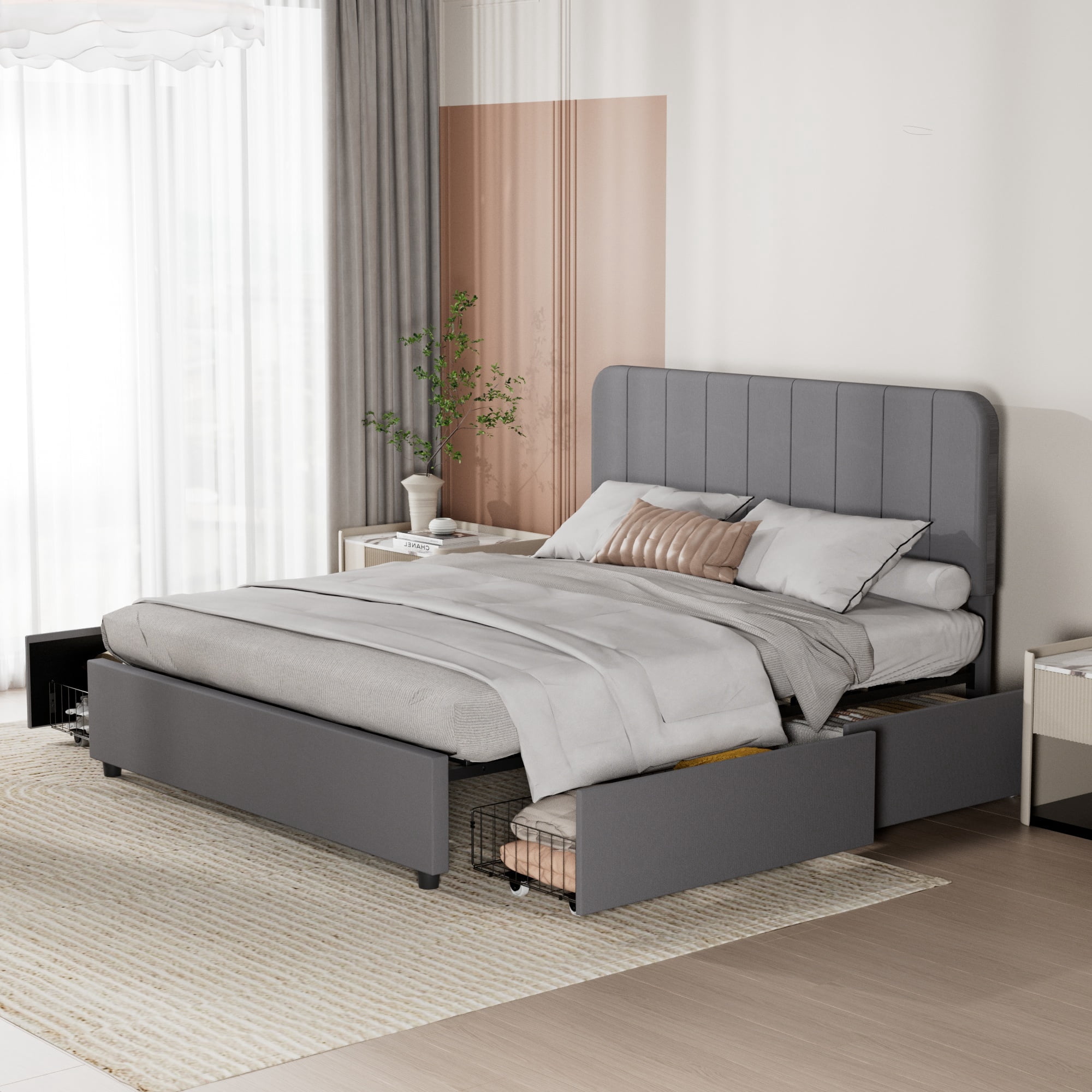 VECELO Full Size Bed Frame with 4 Storage Drawers, Modern Upholstered Platform Bed Frame with Adjustable Headboard, No Box Spring Needed, Dark Gray