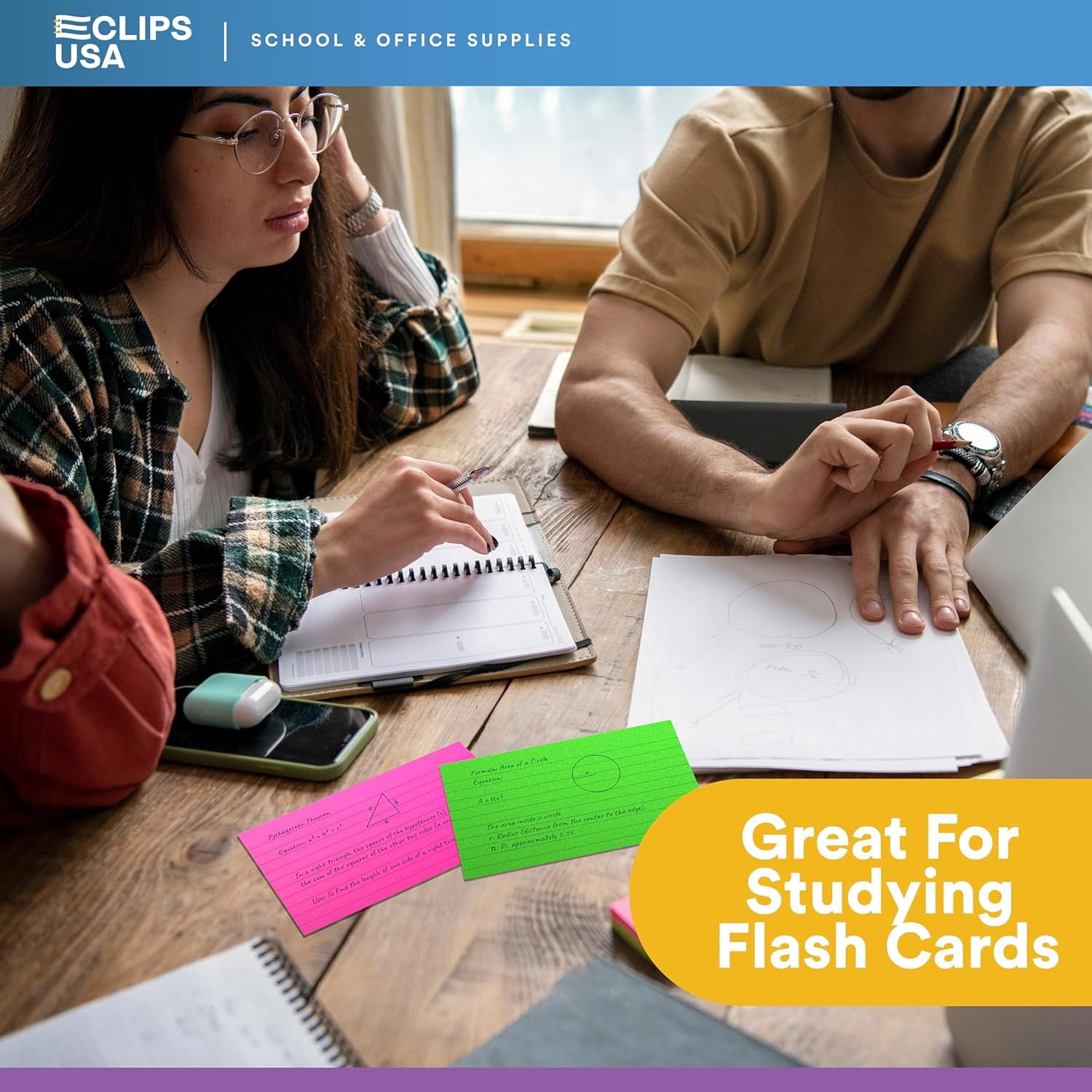 E-Clips USA 3” x 5” Index Cards Assorted Neon Flashcards, 12-Pack (100 Cards Per Pack)