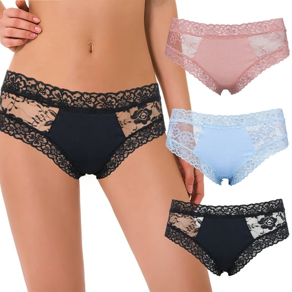 Curve Muse Women’s Sexy Lace Bikini Hipster Panties Underwear-3PK-Blue,Black,Pink-S