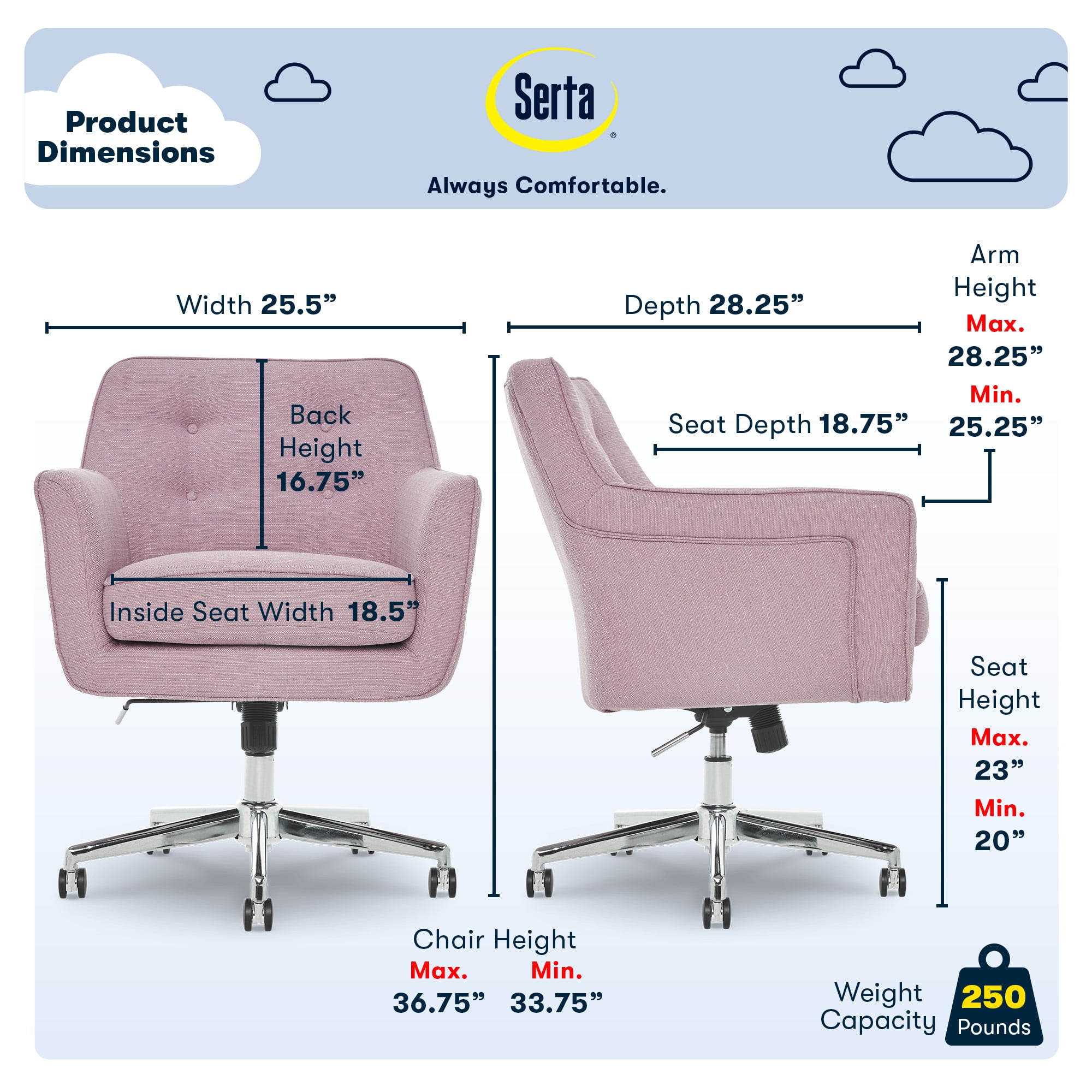 Serta Ashland Home Office Desk Chair with Button Tufted Mid-Back, Memory Foam Cushion and Padded Arms, Mid Century Modern Vanity Armchair with Wheels for Bedroom, Chrome Metal Base, Lilac