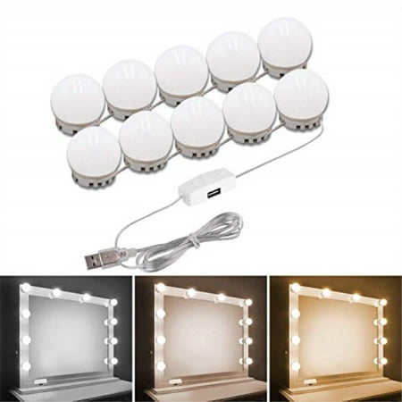 

vanity mirror lights kit pretmess 3 dimmable color with 10 led light bulbs for vanity table set and bathroom mirror hollywood style lighting fixture strip with usb charging cable(mirror not include).