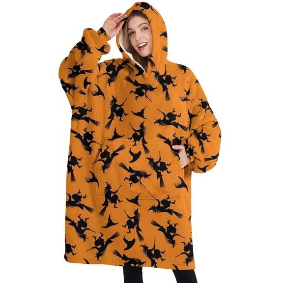 Oversized Wearable Blanket Hoodie,Halloween Witches on Brooms Pattern Sherpa Blanket Hoodie with Super Pockets,Super Warm Fuzzy Pullover for Women & Men