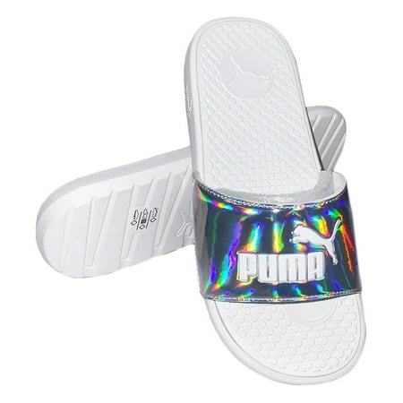 NWT Puma Cool Cat Distressed Authentic Women's White Silver Slip On Slides Sandals