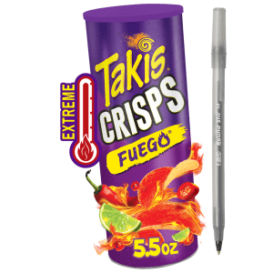 Takis Fuego Crisps 5.5 oz Sharing Size Can, Hot Chili Pepper & Lime Flavored Extreme Spicy Potato Crisps eith pan