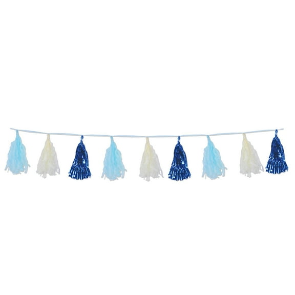 Beistle Club Pack of 12 Decorative Blue and White Metallic and Tissue Tassel Garland 8’