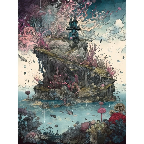 Fantasy World Coastal Island Landscape Nymph House Magical Marine Life Flying Fish Seaweed Cloud Large Wall Art Poster Print Thick Paper 18X24 Inch