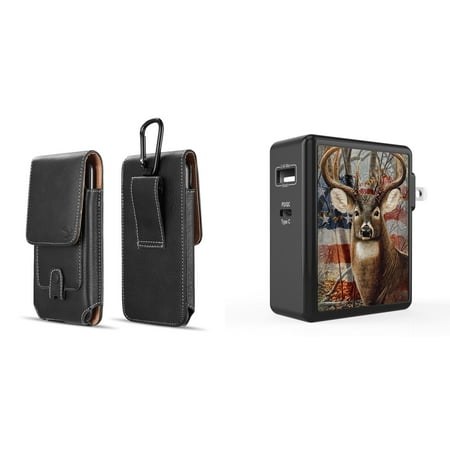 

Holster and Wall Charger Bundle for Nokia C200: Vertical Magnetic Belt Pouch Case (Black) and 45W 2 Port (Power Delivery USB-C USB-A) Power Adapter (American Deer Camo)