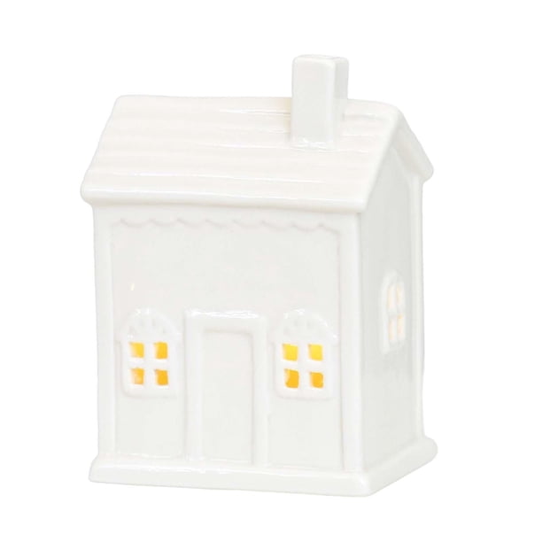 Candelabro de cerámica con forma de casa y adornos LED decorativos. Blanco1