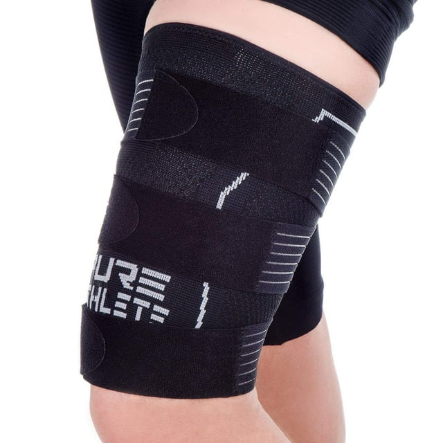 Pure Athlete Manchon de Compression pour Cuisse – Bretelles Ajustables, Attelle de Soutien Quadruple, Ischio, Haut de Jambe (1 Manchon - Noir, Grand)