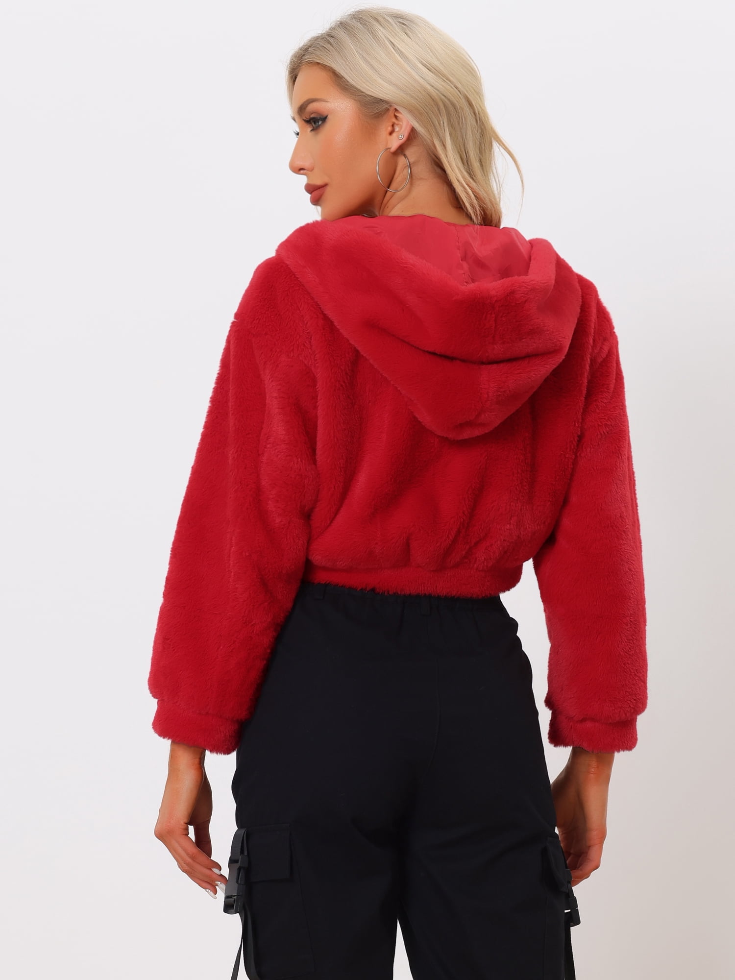 DARING DIVA Women's Faux Fur Zip Up Casual Fuzzy Hooded Crop Jacket XL Red