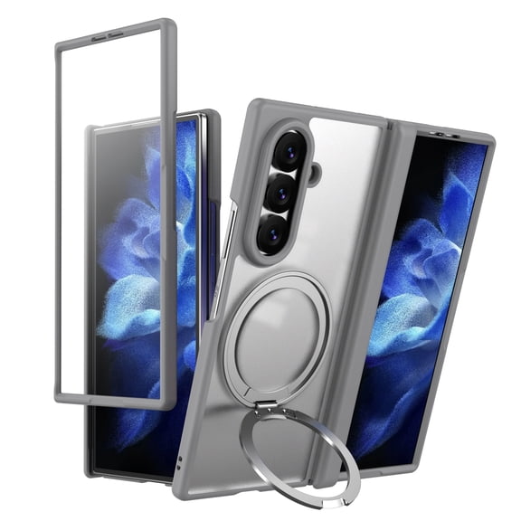 Translucent Protective Cover for Samsung Galaxy Z Fold7, Slim PC TPU Phone Case with Hinge Protection Ring Holder Stand Front Screen Protector, Anti-Scratch Anti-Slip Design, Gray
