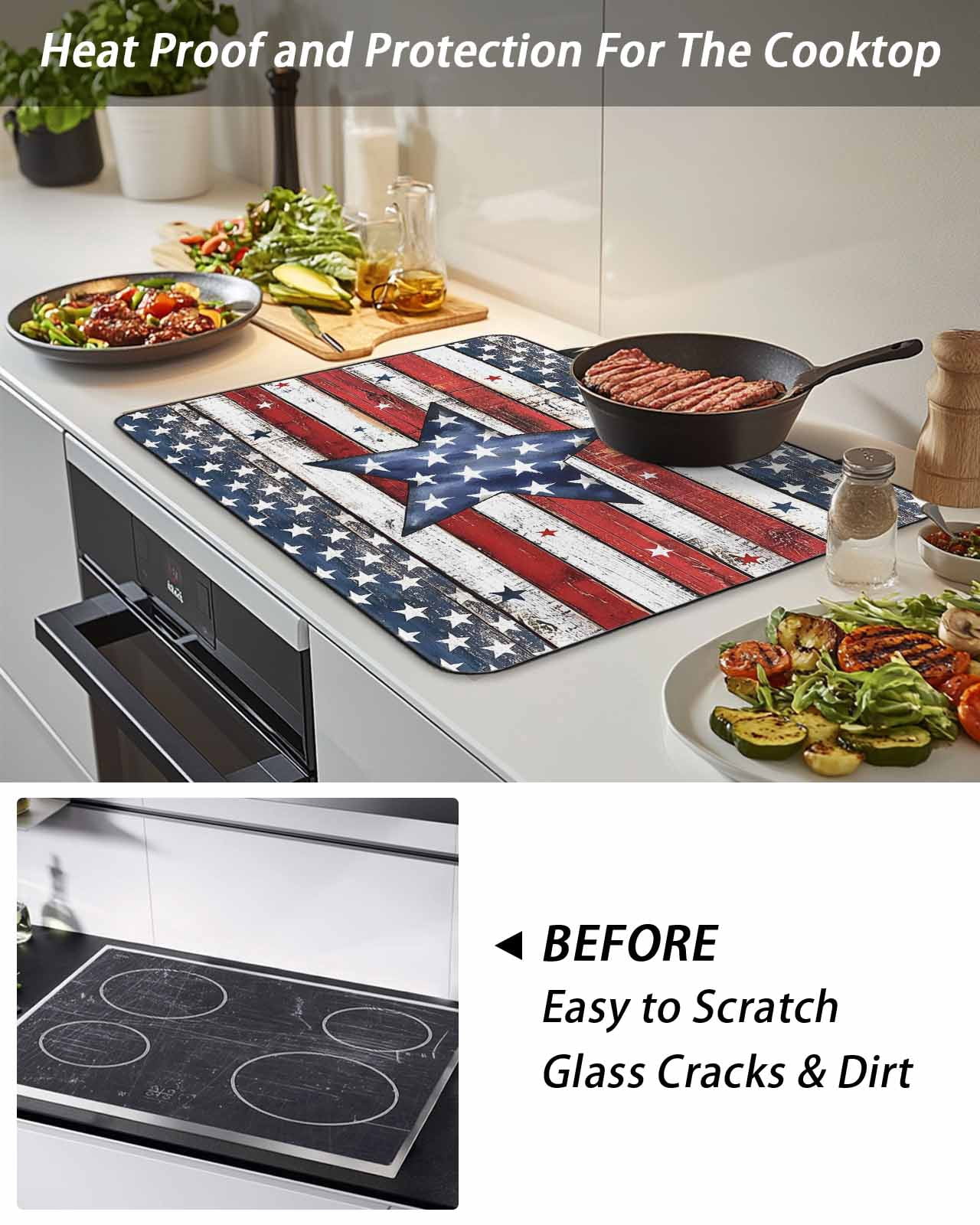 Stove Top Covers for Electric Stove 24x21 Inches, 4th of July Star Heat Insulation Fireproof Glass Cooktop Protector, Independence Day American Flag Vintage Countertop Stovetop Cover for Kitchen