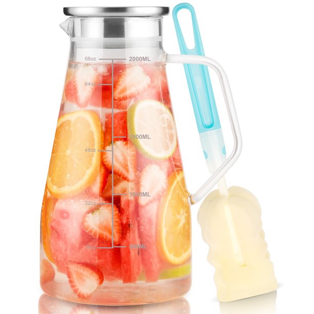 Glass Pitcher, 68oz Water Pitcher with Lid and Precise Scale Line, Easy