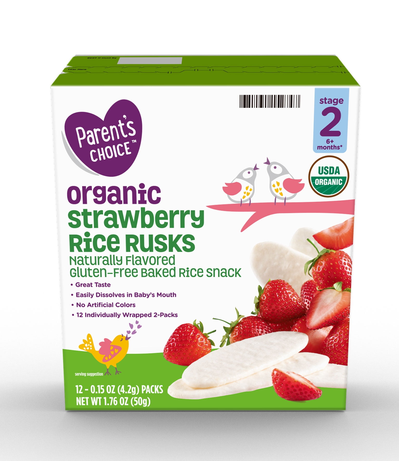 Parent's Choice Organic Strawberry Rice Rusks Baby Snacks, 0.15 oz, 12 Pack