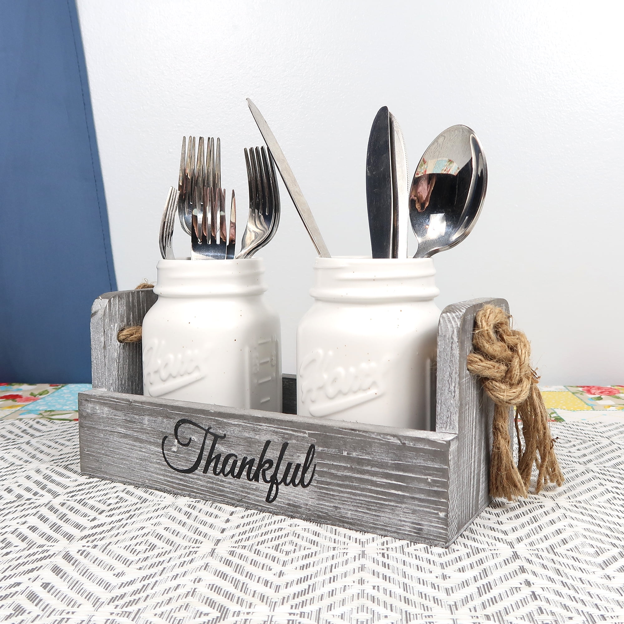 Ceramic Mason Jar Utensil Holder, Silverware Organizer for Spoons, Knives, Forks w/ Rustic Wood Tray,