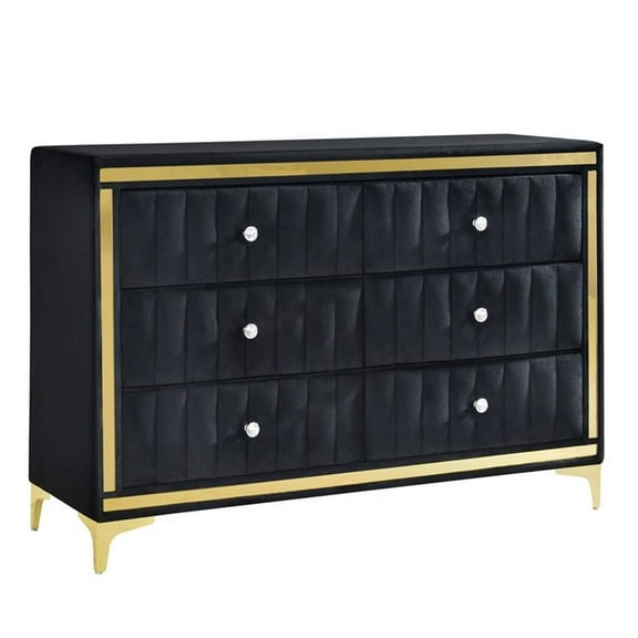 Pemberley Row Velvet Black 6 Drawer Dresser Double Gold Legs 47" Assembled