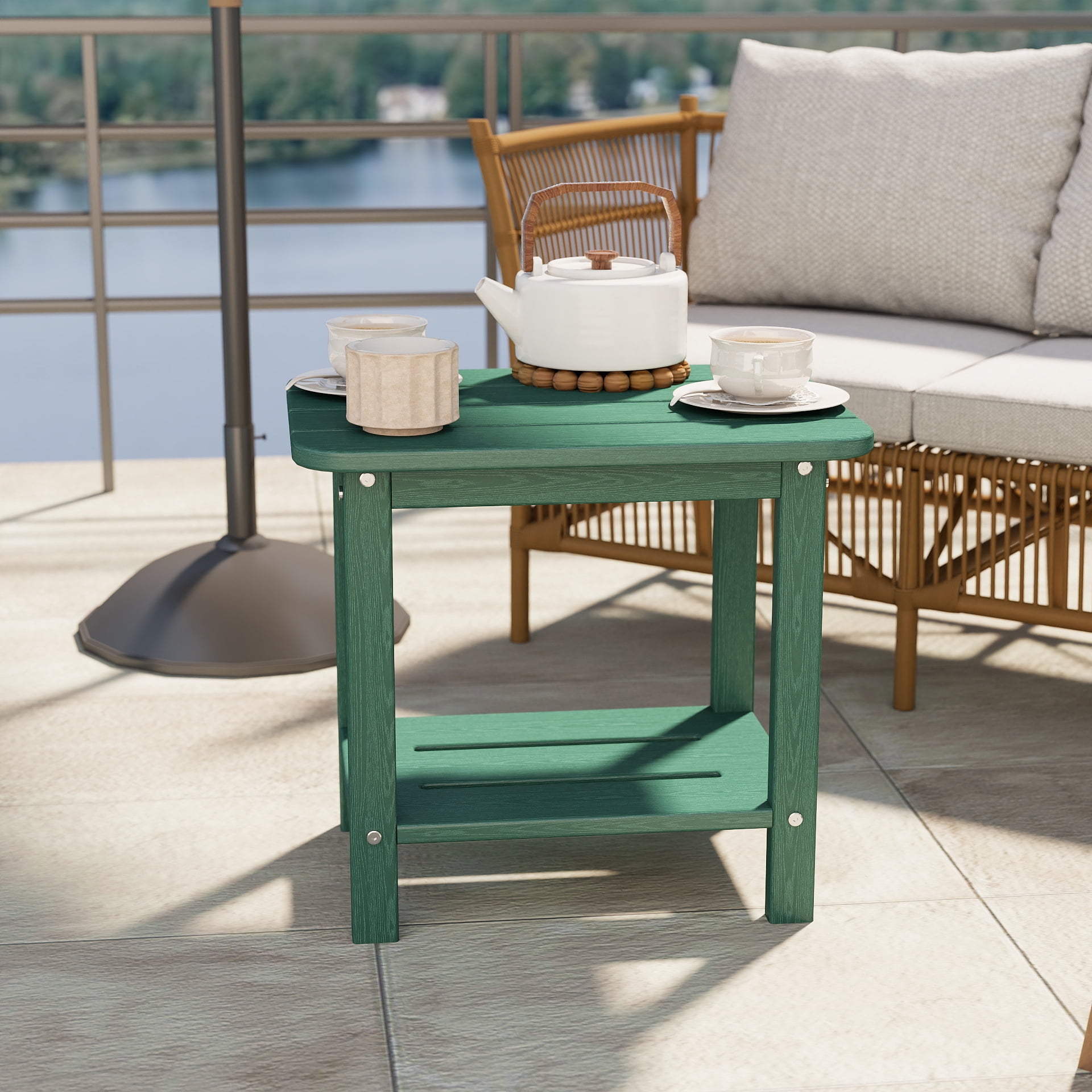 Cobiod 14 x 18.4 Inch Double Tier All Weather Patio End Table HDPE Outdoor End Table for Porch Lawn Poolside Fire Pit Durable Fits Adirondack Chairs,green