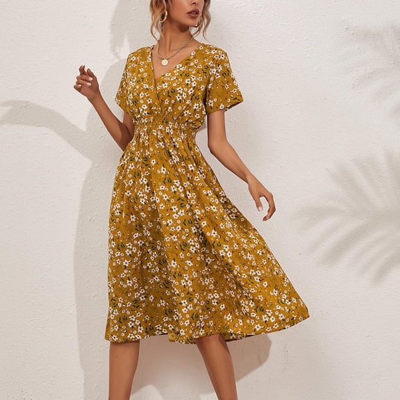 Vedolay Dress Women's Dress Polka Dot Floral Print Long Sleeve Crewneck Fishtail Ruffle Hem Short Mini Dresses,Yellow L