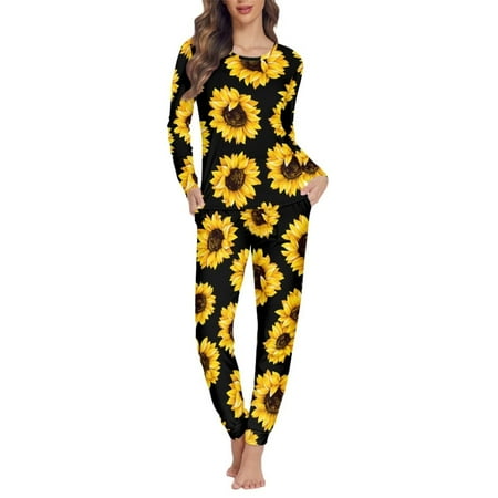 

FKELYI Size 6XL Pajamas Pants 2 Packs Sunflower Print Stretchy Crew Neck Sleepwear Set Soft Holiday Pajamas for Women Aesthetic