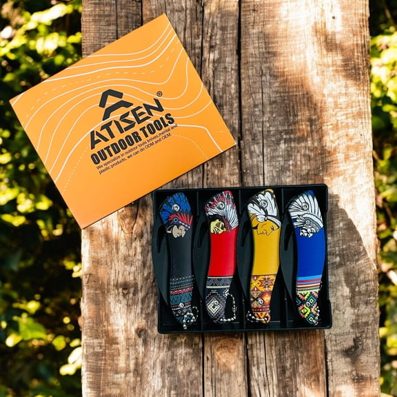 ATISEN 4-Pack 3.54-inch Pocket Folding Knives, Vintage 3D Embossed Stainless Steel EDC Knife Set