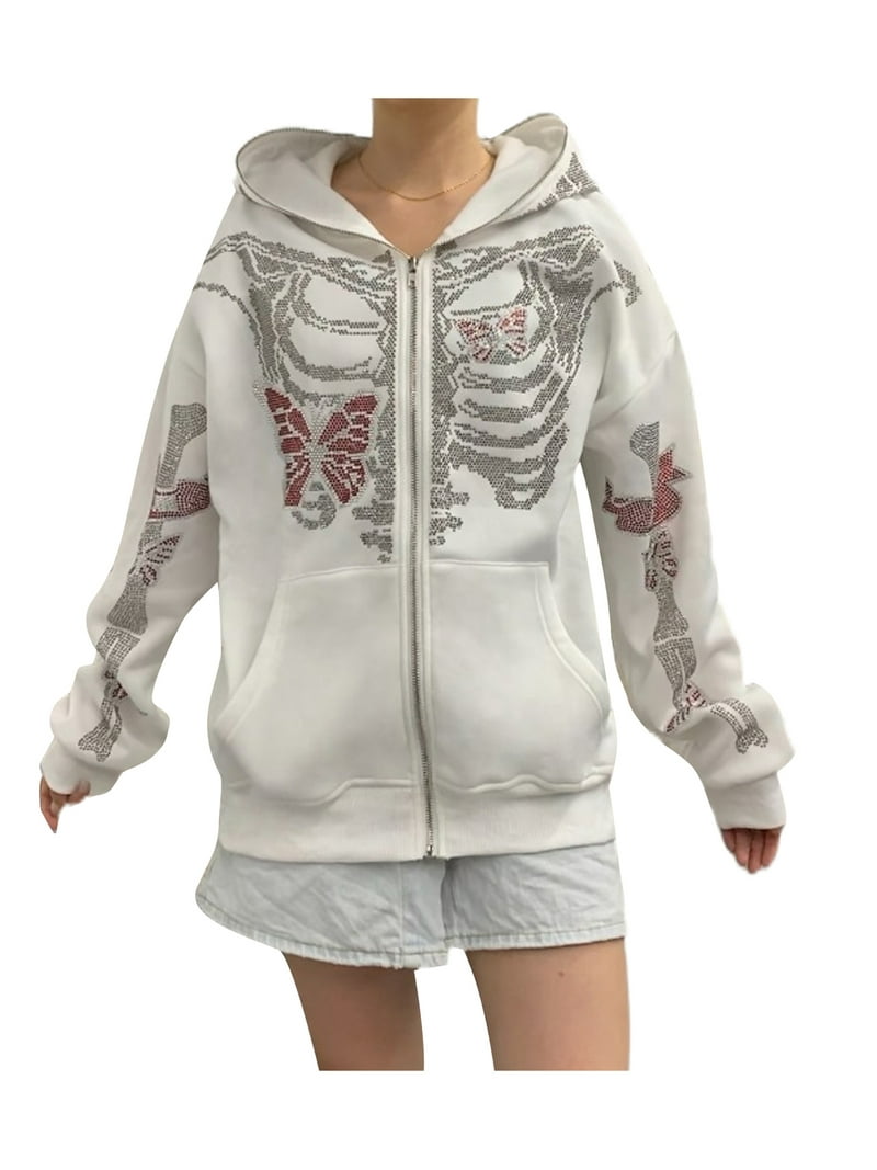 Aunavey Women Y2K Oversized Zip Up Hoodie Graphic Skeleton