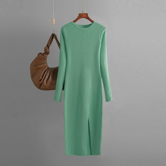 Cavosen Womens Wrap Dress Long Sleeve Dress Green Knitted Sweater Dress Maxi Wrap Round Neck Calf Length Long Dress Solid Side Split Warm Casual Dress Fall Winter Clothes