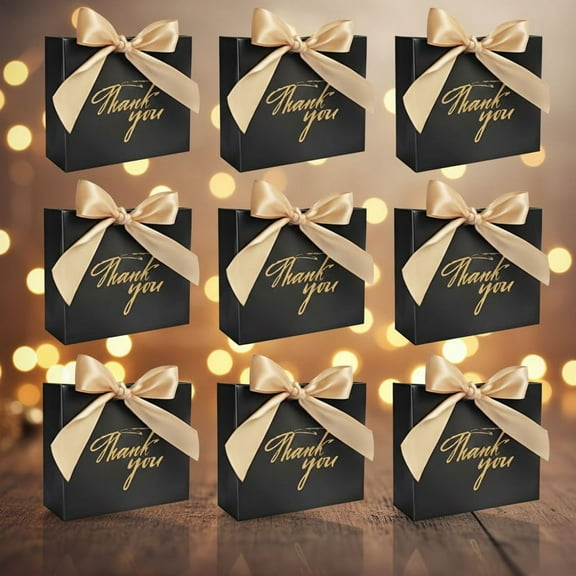 24Pack Small Thank You Gift Bag Party Favor Bags Treat Boxes with Gold Bow Ribbon, Black Paper Gift Bags Bulk for Wedding Baby Shower Business Party Supplies