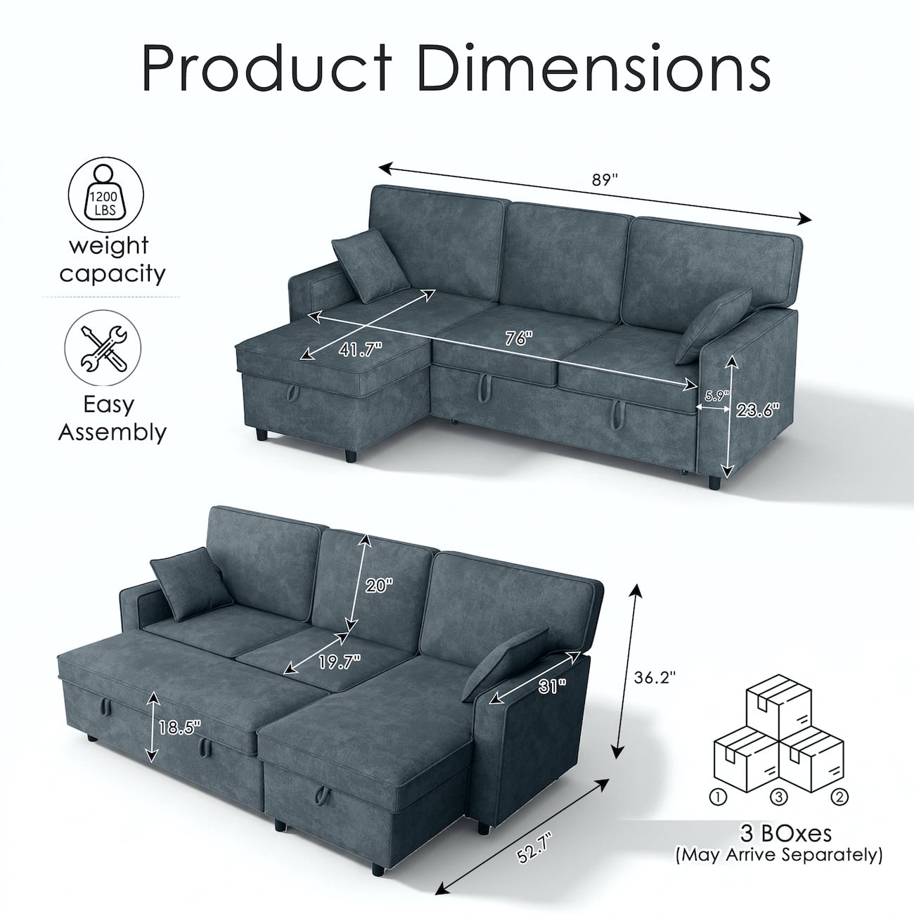 Convertible Sleeper Sofa Bed, 89" L Shaped Sectional Couch with Pull Out Bed, Storage Chaise, Charging Ports & Flip Down Console, Comfy Chenille Upholstered Sofa for Living Room, Navy Blue