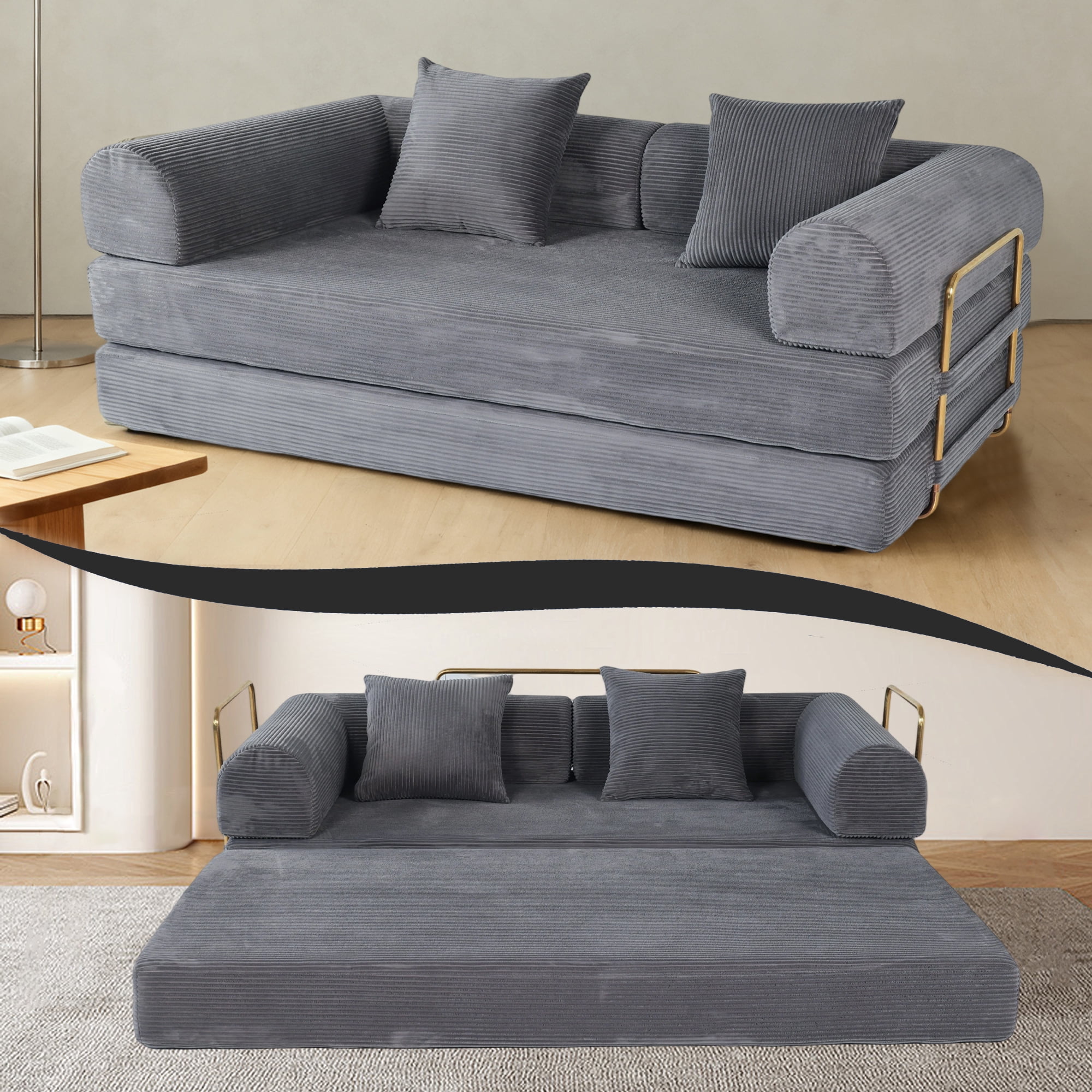 2-in-1 Foldable Sofa Bed 75 Inch Folding Couch Convertible Compressed Sleeper Sofabed Memory Foam Faux Fur Upholstered Cloud Couch Mattress Bed 2 Pillows Grey Ash
