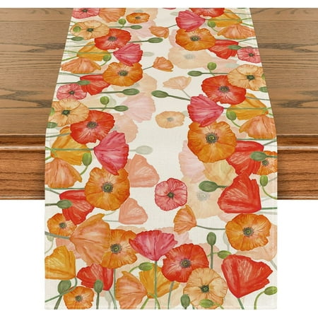 

Watercolor Poppy Spring Table Runner Seasonal Summer Holiday Kitchen Dining Table Decoration for Home Party Indoor 13x72 Inch