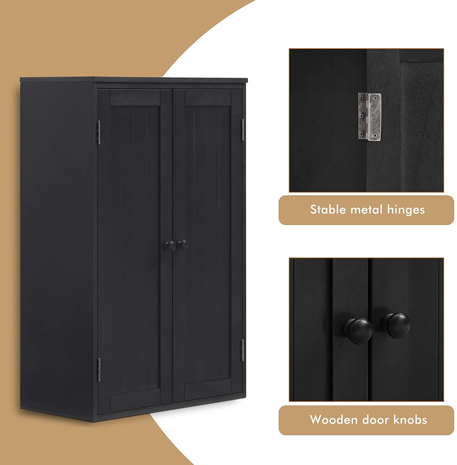 Bathroom Storage Cabinet, Wooden Free Standing Bathroom Floor Cabinet with Double Doors and Adjustable Shelf, Bathroom Storage Organizer for Kitchen Entryway Bedroom Living Room, Black