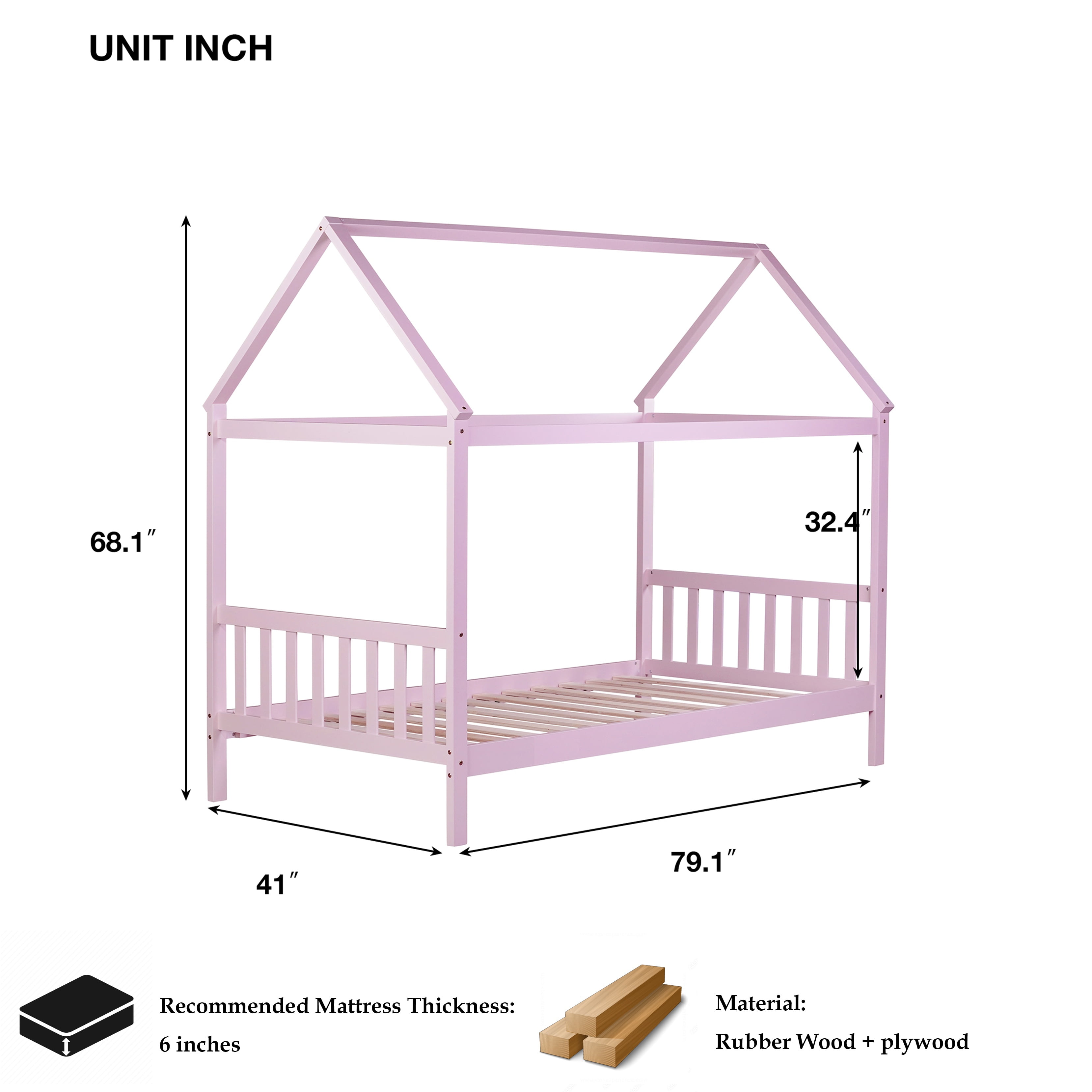 Bellemave Twin House Bed with Headboard and Footboard Sturdy Rubber Wood Platform Bed Frame, Montessori House Bed, No Box Spring Needed  (Twin, Pink)