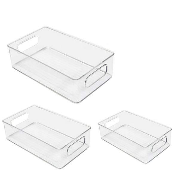 3 Pcs Stackable Storage Bin, Extra Long Clear Storage Bin, Organizer Bin Small Plastic Office Storage Container Bins with Handles for Kitchen or Pantry
