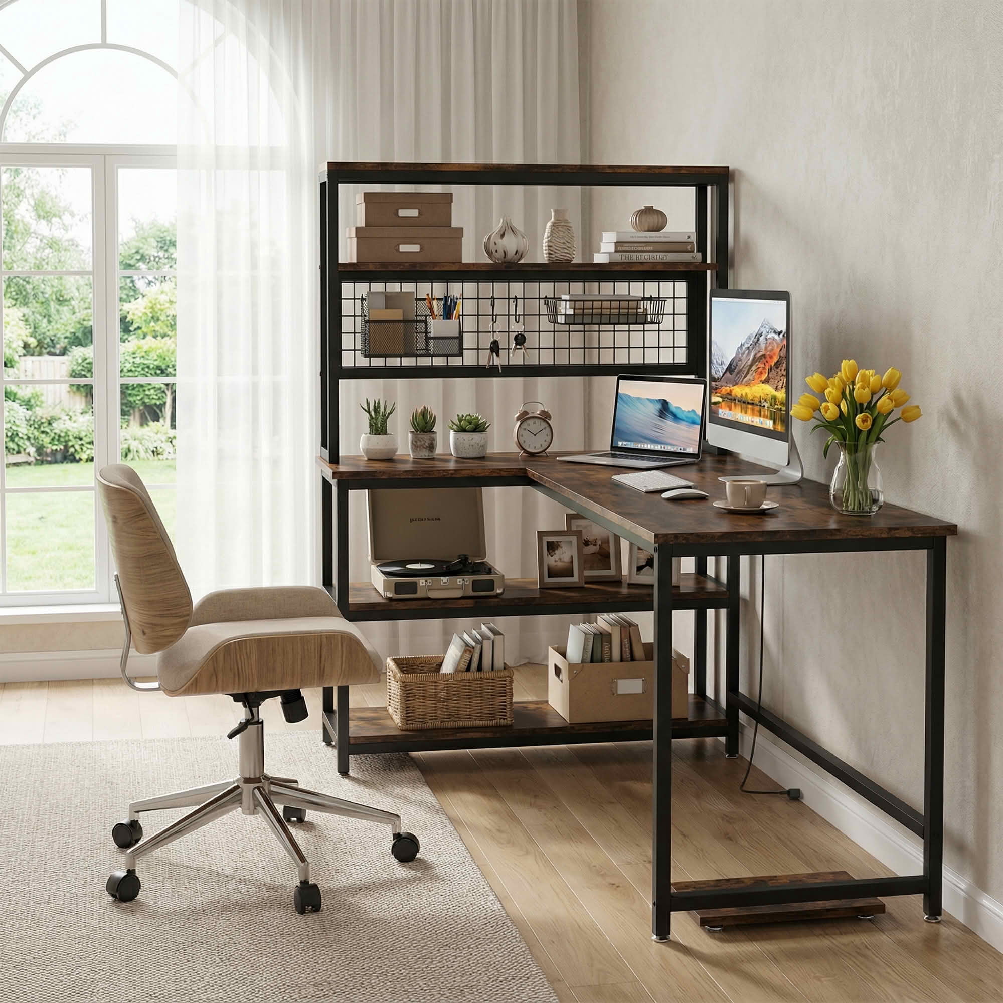 MAYEERTY 55" Large L-Shaped Office Desk with Built-In Charger, Waterproof Dustproof Corner Workstation with Storage Bookshelf for Home & Office