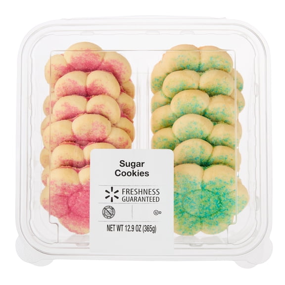 Freshness Guaranteed Flower-Shaped Baked Sugar Cookies with Pink and Green Sugar Toppings, 12.9 oz, 12 Count