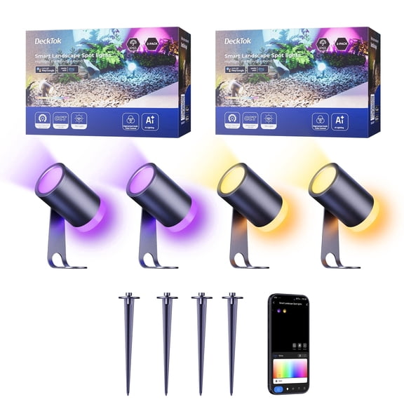 DeckTok Outdoor SpotLights 4-pack, IP65 Waterproof Spot Lights Two-directional Illumination Color Changing Light for Outdoor and Patio Decor