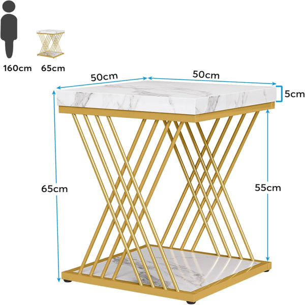 2-Tier Square Side Table with Faux Marble Top, X-Shaped Metal Frame, Compact Dual-Shelf Design for Living Room/Bedroom/Small Spaces