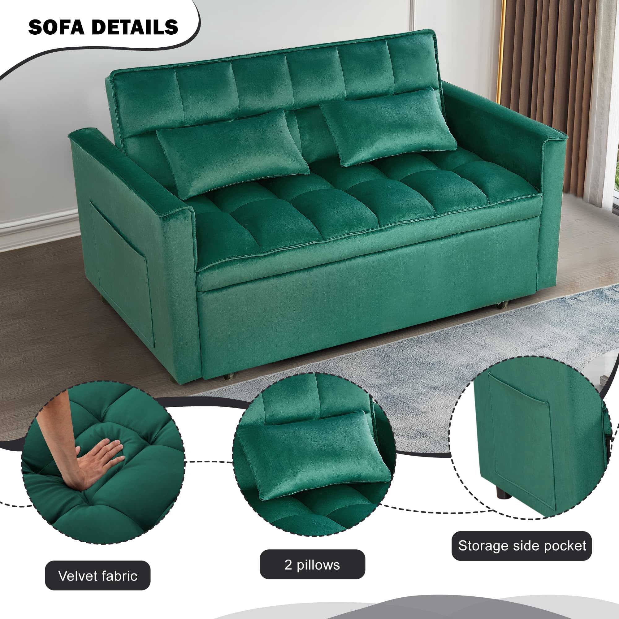 BSHTI 54" Fold out Sleeper Sofa Bed,Convertible Twin-Size Bed,With 3 Angles Adjustable Backres,Velvet Upholstery,Easy Assembly, Green