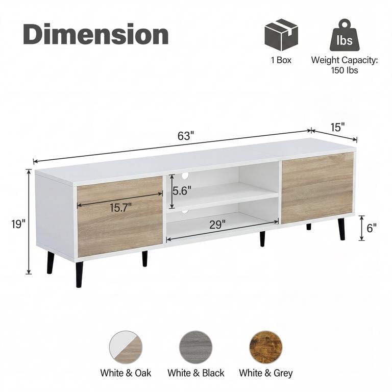 Vineego TV Stand for 70 Inch TV with 2 Push-to-Open Doors, Mid-Century Modern Media Console with Open Shelves, Entertainment Center for Living Room Bedroom, Beige & White