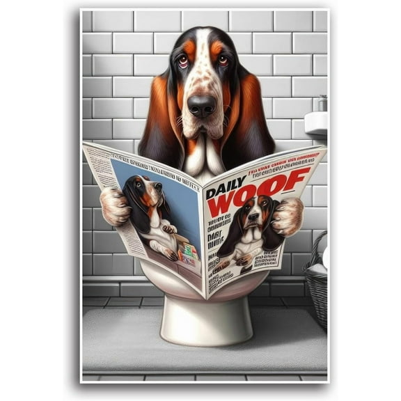 AVOI Basset Hound Toilet Wall Art - Funny Pet Dog Bathroom Pictures - Whimsical Animal Posters - Dog Lovers Gifts Frame: 16x24in
