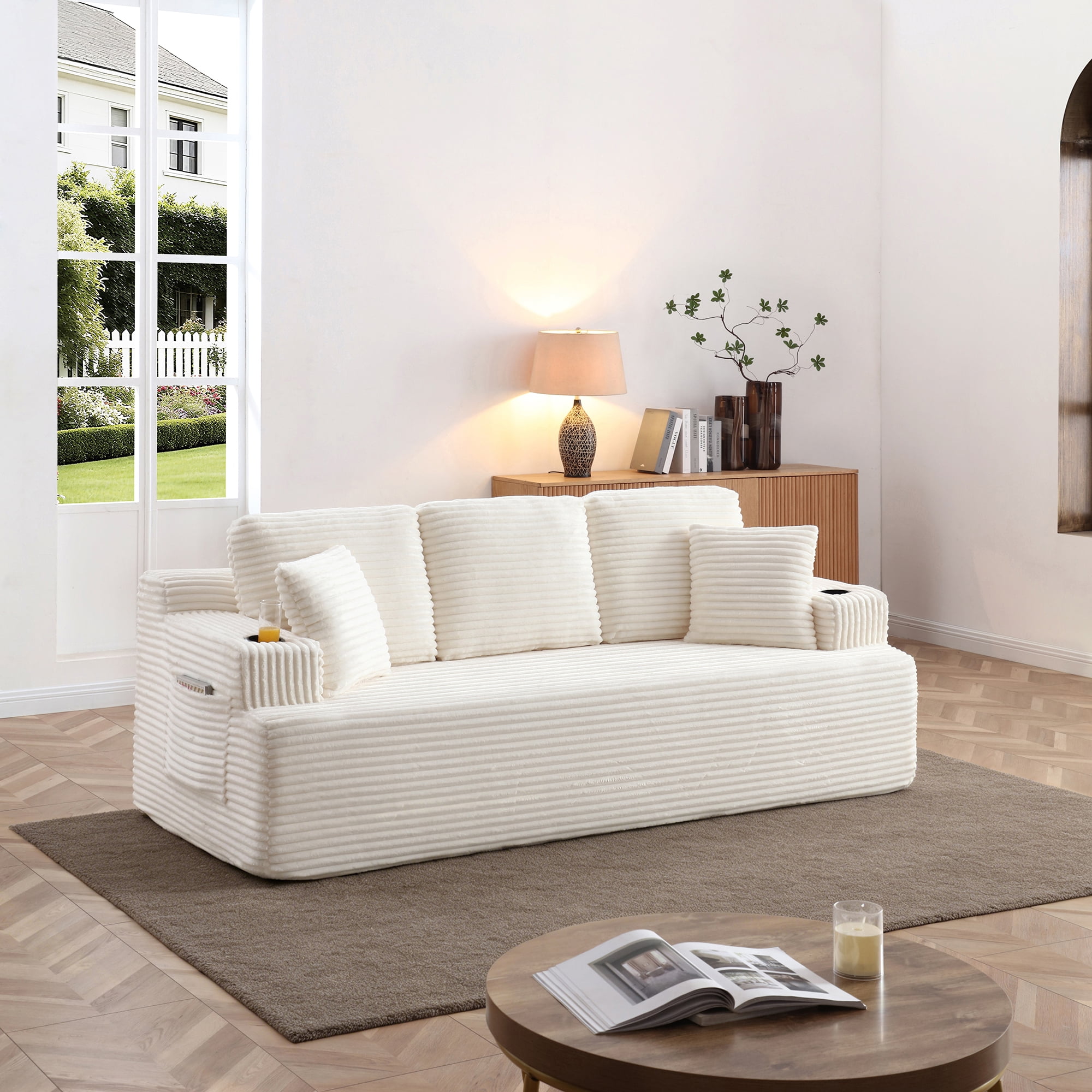 Boneless Sofa, 3-Seater Floor Couch with Cup Holders and Side Pockets, Corduroy Fabric No Assembly Sofa for Living Room or Dorm, 86.2 Inch, Beige