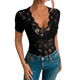 thumbnail image 3 of Blusa de para Mujer, de Corta, Cuello Redondo, Ajustada, con Encaje Floral Liso, Blusas Transparentes con Cuello en V Negro M, 3 of 7