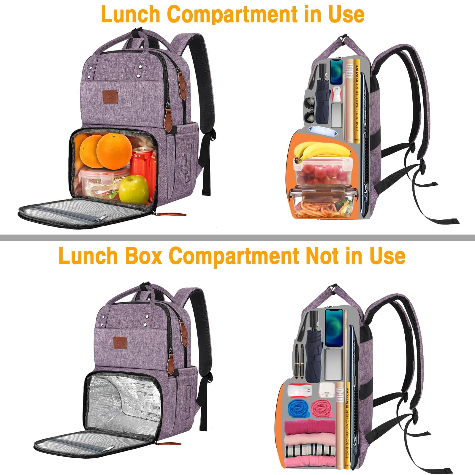 Matein Lunch Backpack, 15.6in Laptop Backpack with Insulated Compartment for Adults, Purple