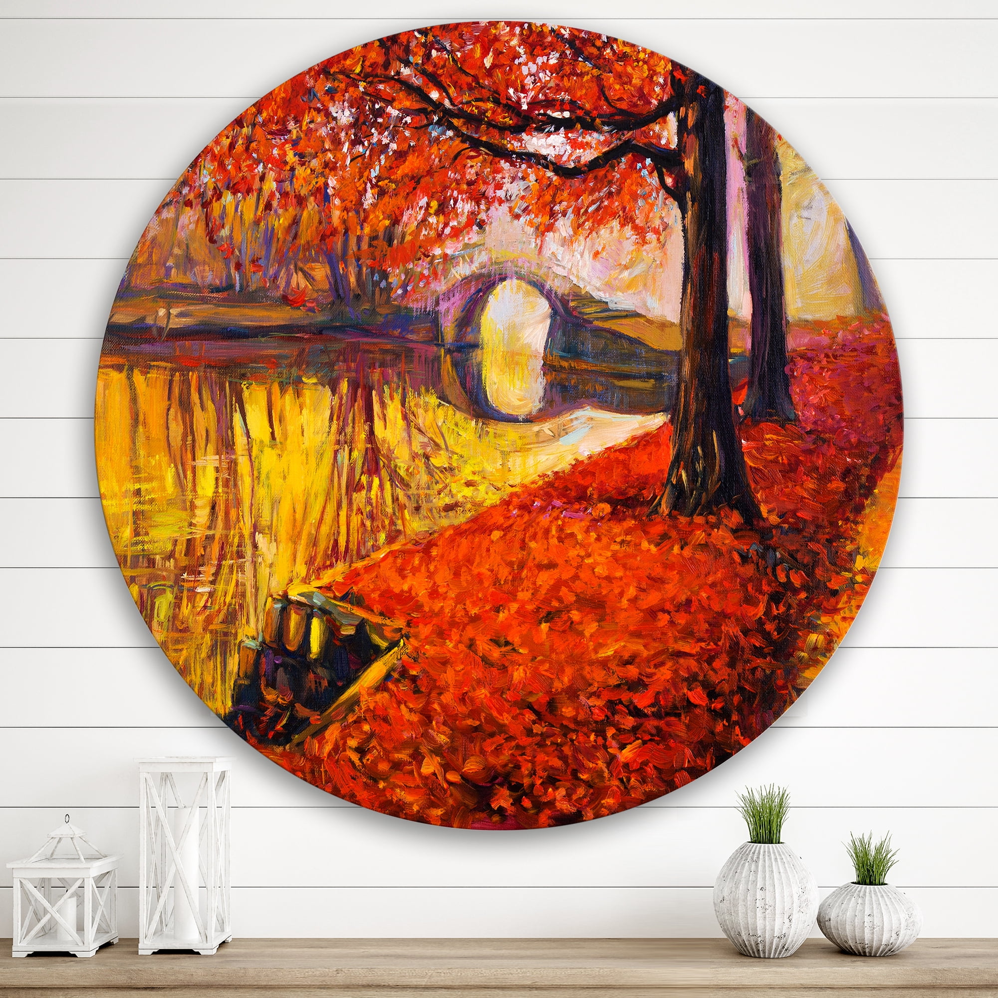 Designart 'Little Bridge In Deep Orange Autumn Landscape I' Traditional Circle Metal Wall Art 36x36 - Disc of 36