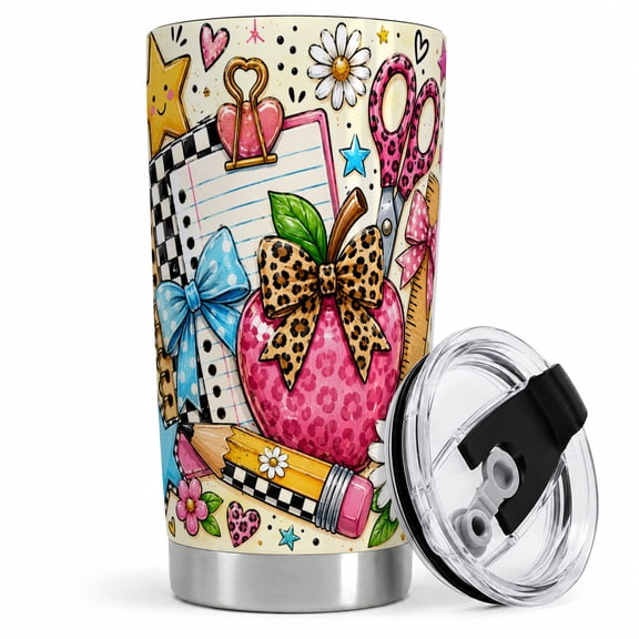 Leopard Bow School Tumbler, 20oz Insulated Drinkware for Teachers Stainless steel insulated tumbler with lid, leopard bow, scissors, and notebook art for iced coffee or commute