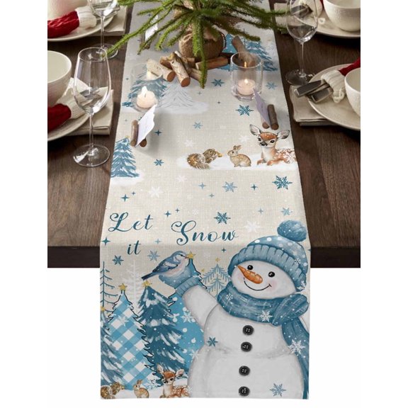 ERUNPONLY Light Blue Beige Christmas Snowman Table Runner - 48 Inch Long Xmas Tree Snowflake Birds Cotton Linen Blended Dress Scarves Farmhouse Table Runner for Kitchen Dining, Coffee Table, 13"x48"