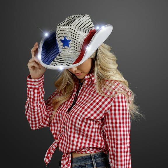 FlashingBlinkyLights Red White & Blue Cowboy Hat with White Light Up Brim